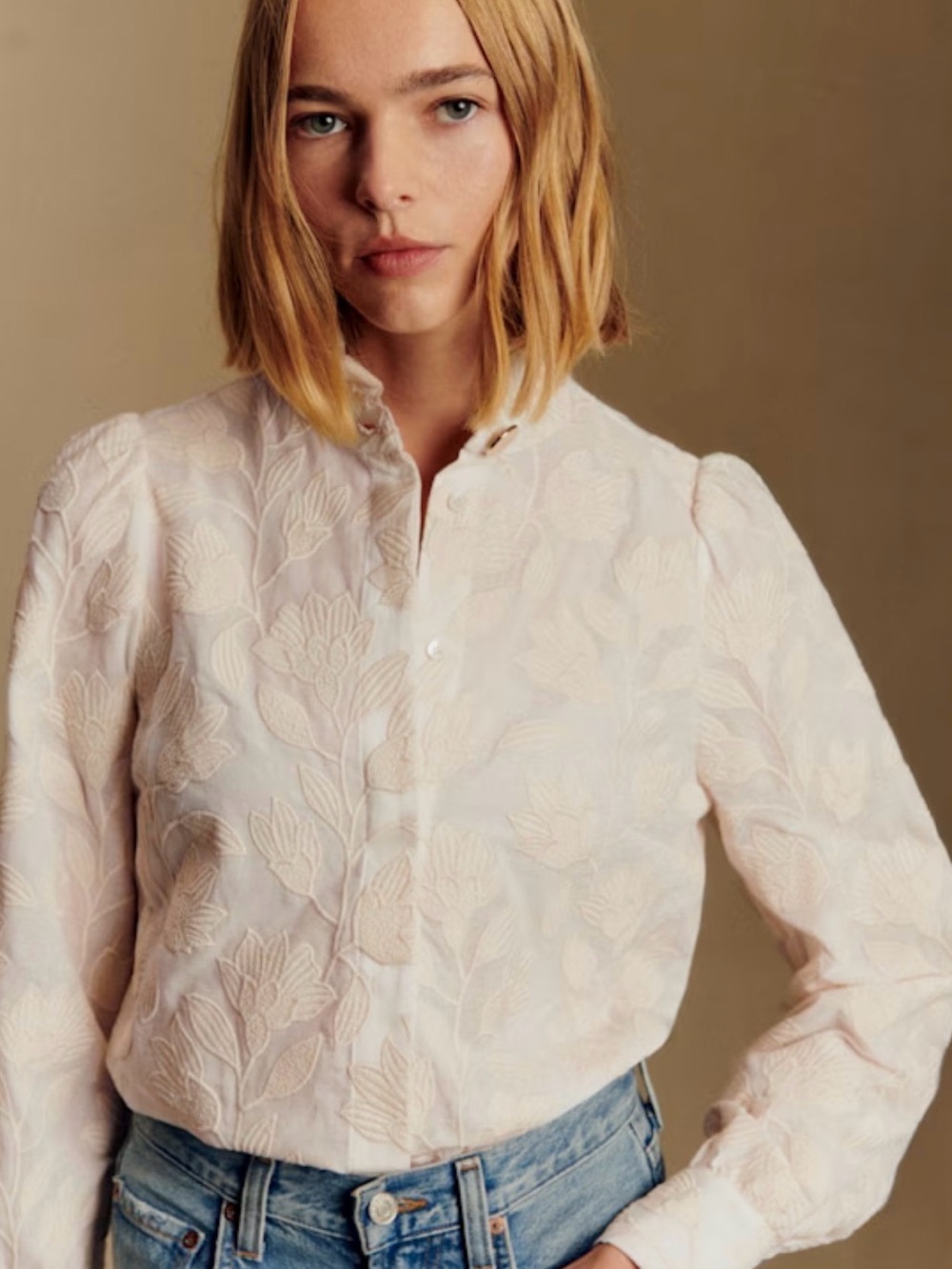 Sezane Ambre Shirt in Ecru Embroidered Flowers Button Down Top 42 US XL